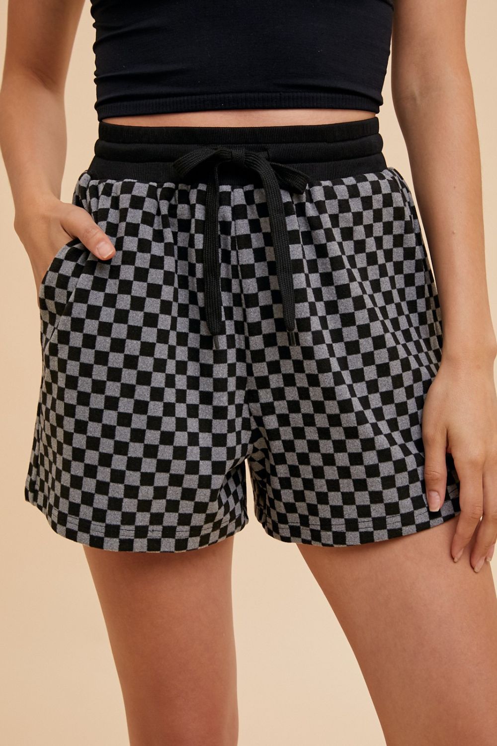 Annie Wear Checkered Round Neck Top and Drawstring Shorts Set - Charming Charlie