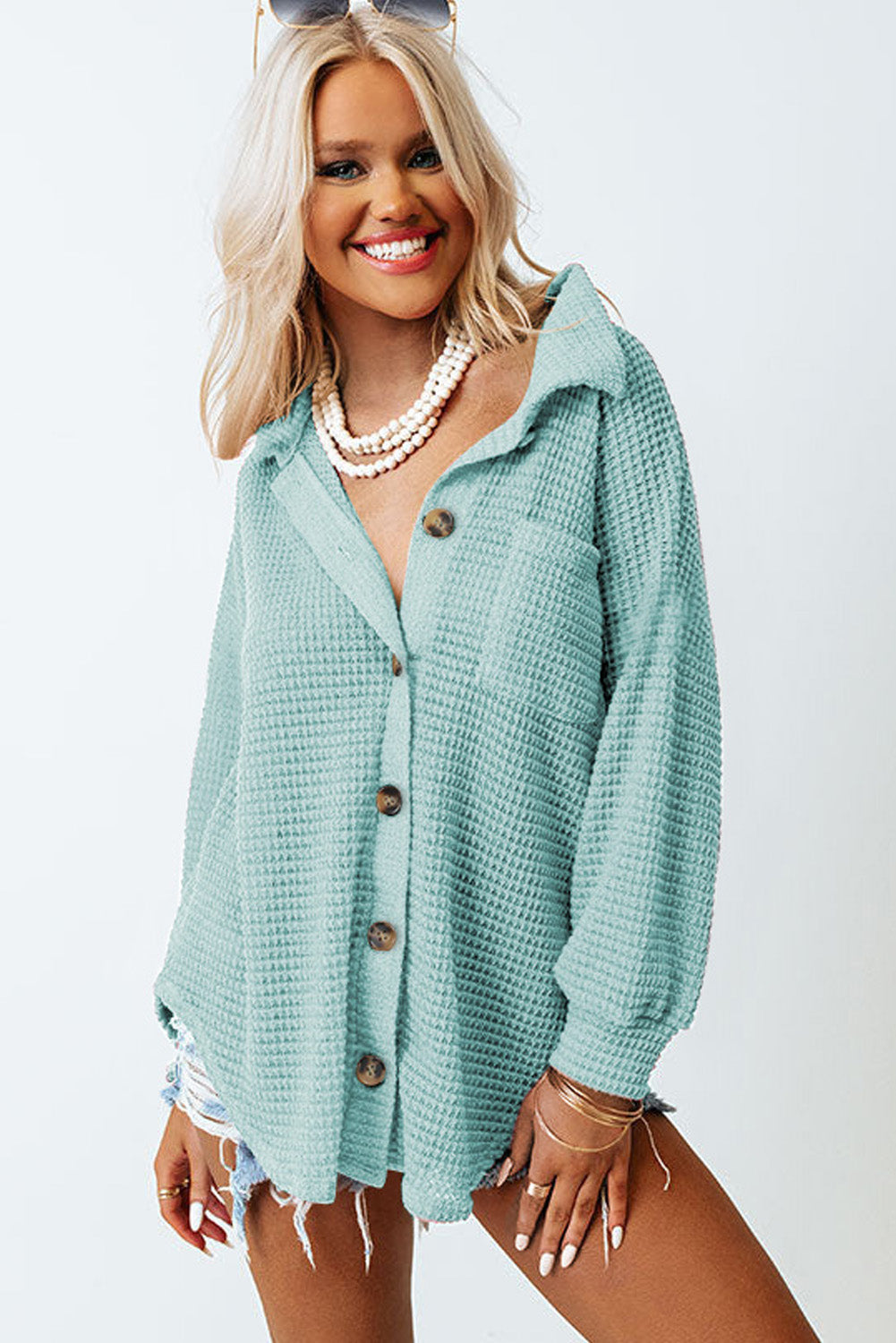 Waffle-Knit Collared Neck Long Sleeve Shirt - Charming Charlie