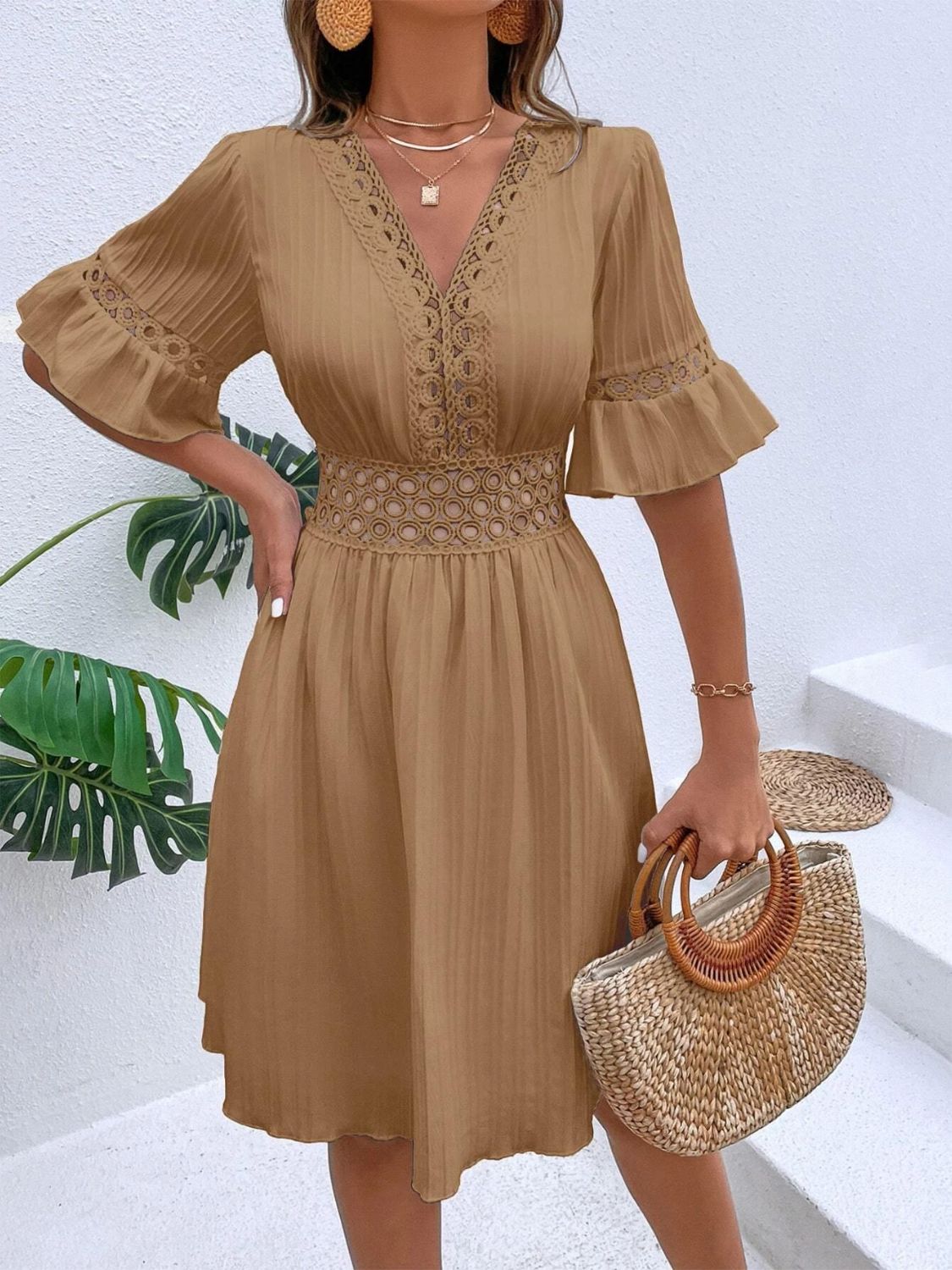 Cutout V-Neck Flounce Sleeve Mini Dress - Charming Charlie