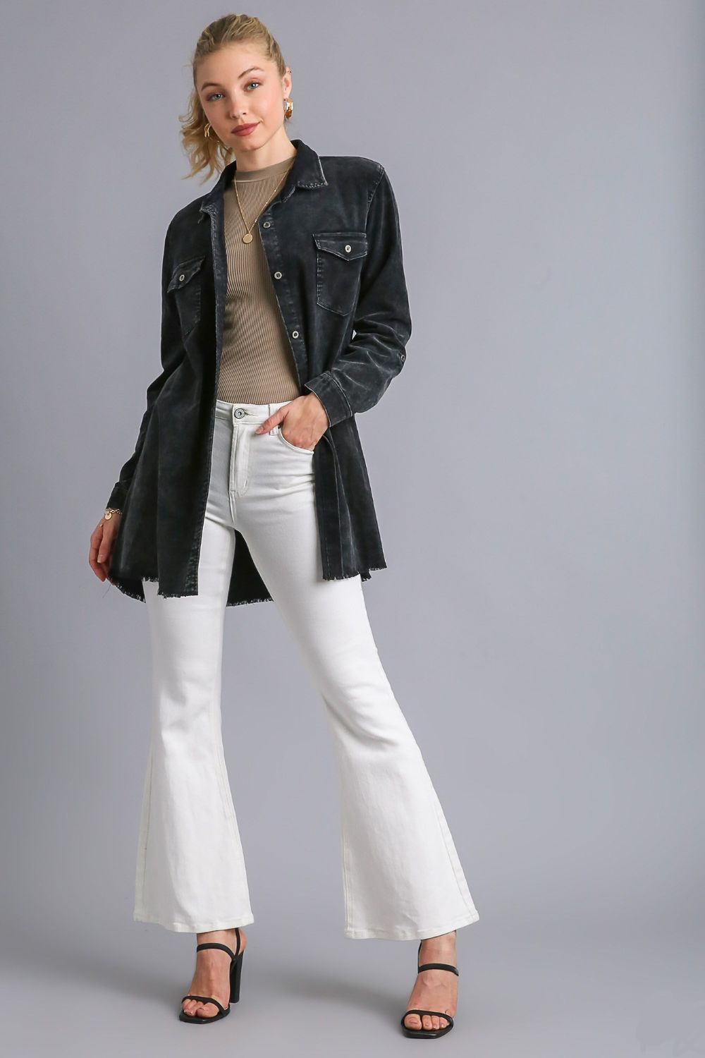 Umgee Raw Hem Button Down Denim Jacket with Chest Pockets - Charming Charlie