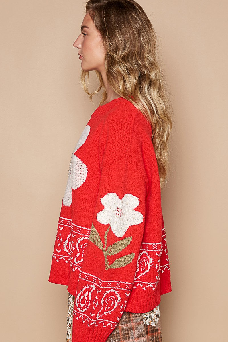 POL Flower Lace Patch Long Sleeve Sweater - Charming Charlie