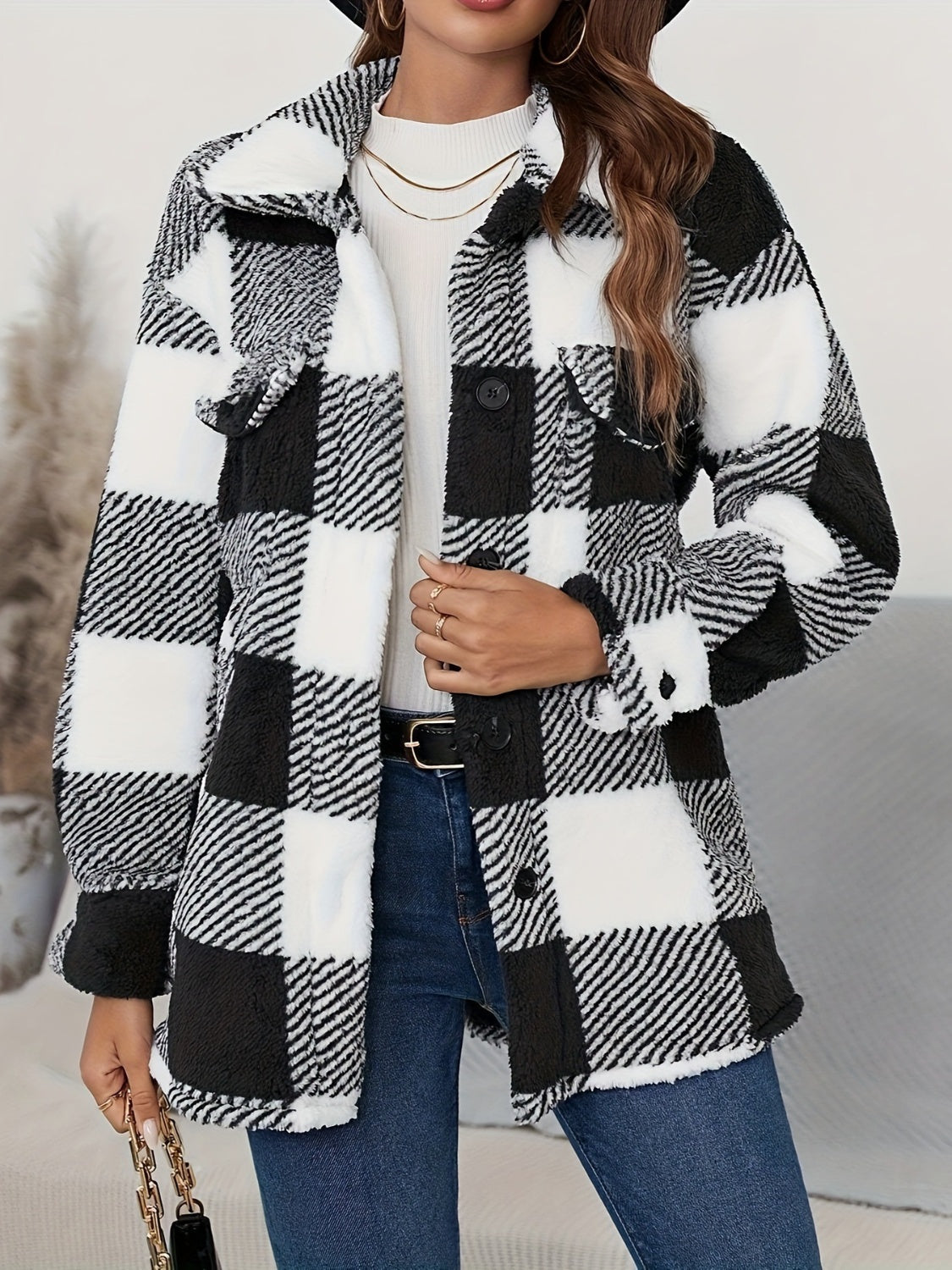 Plaid Button Up Long Sleeve Fuzzy Outerwear - Charming Charlie