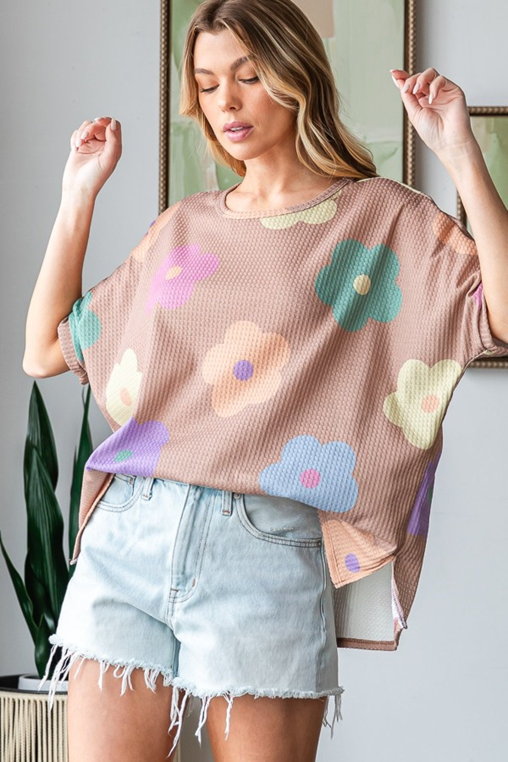 HOPELY Full Size Floral Round Neck Side Slit Waffle T-Shirt - Charming Charlie