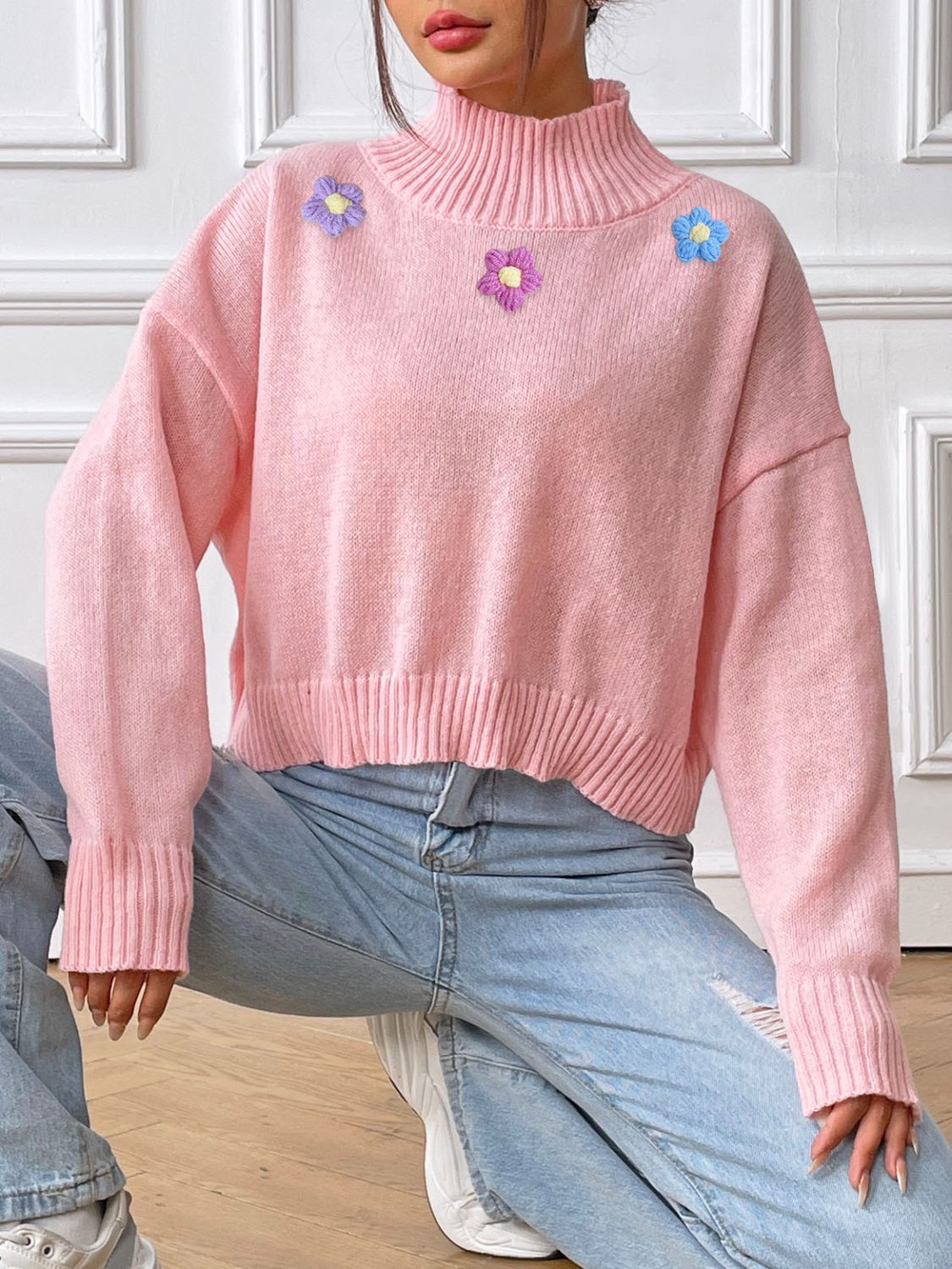 Flower Turtleneck Long Sleeve Sweater - Charming Charlie