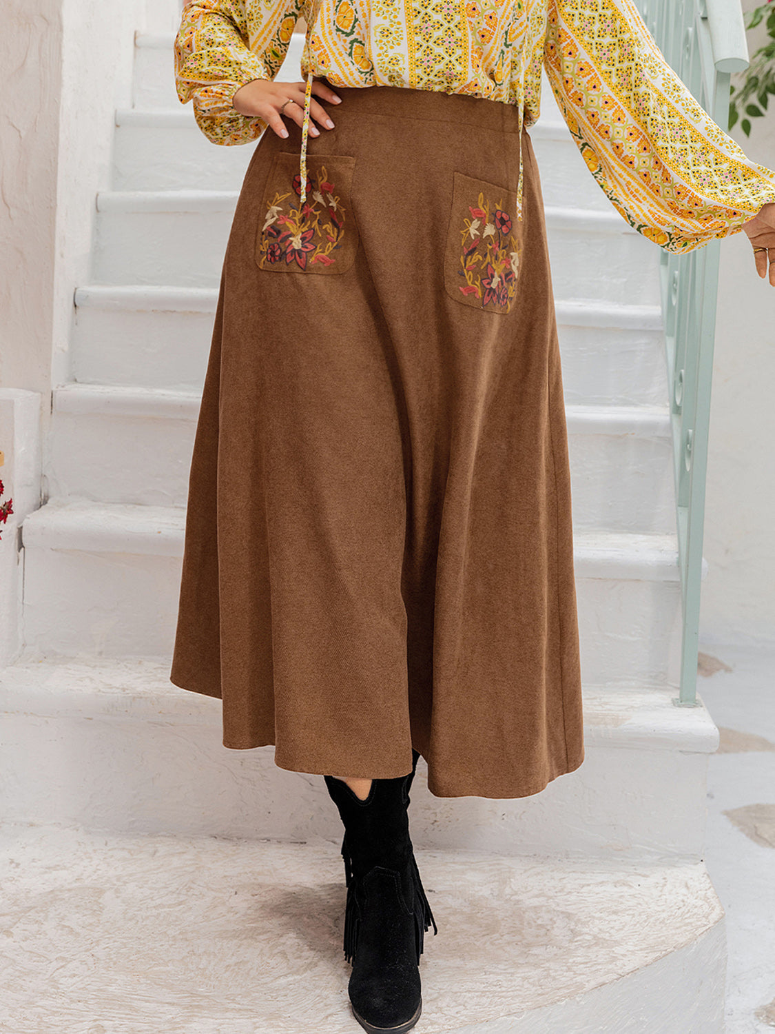 Plus Size Embroidered Pocketed High Waist Skirt - Charming Charlie