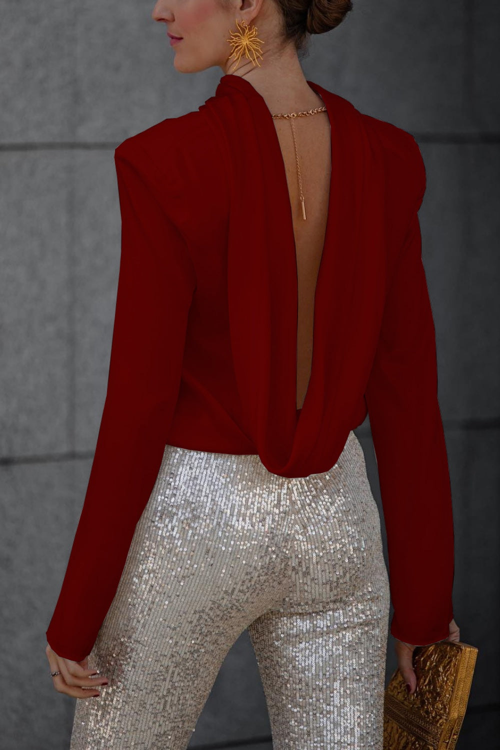 Backless Cowl Neck Long Sleeve Blouse - Charming Charlie