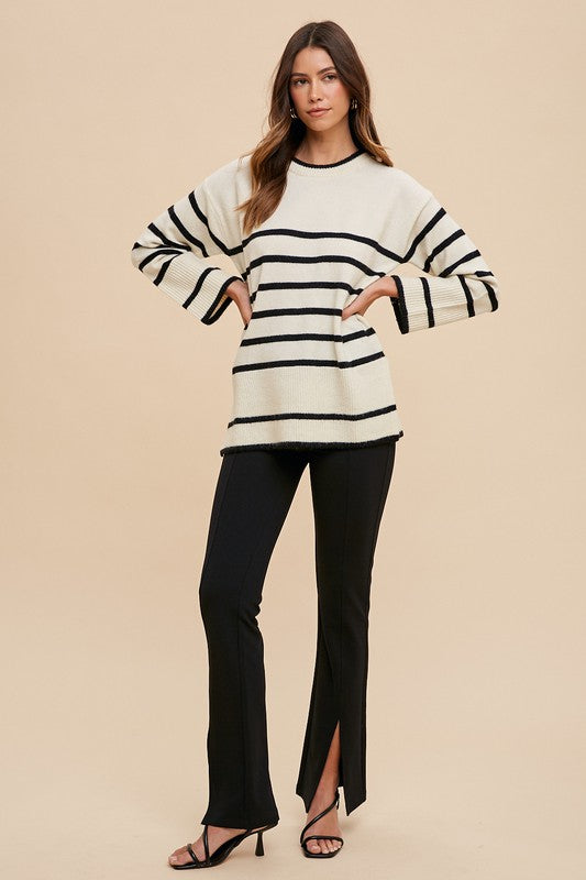 Annie Wear Side Slit Striped Round Neck Sweater - Charming Charlie