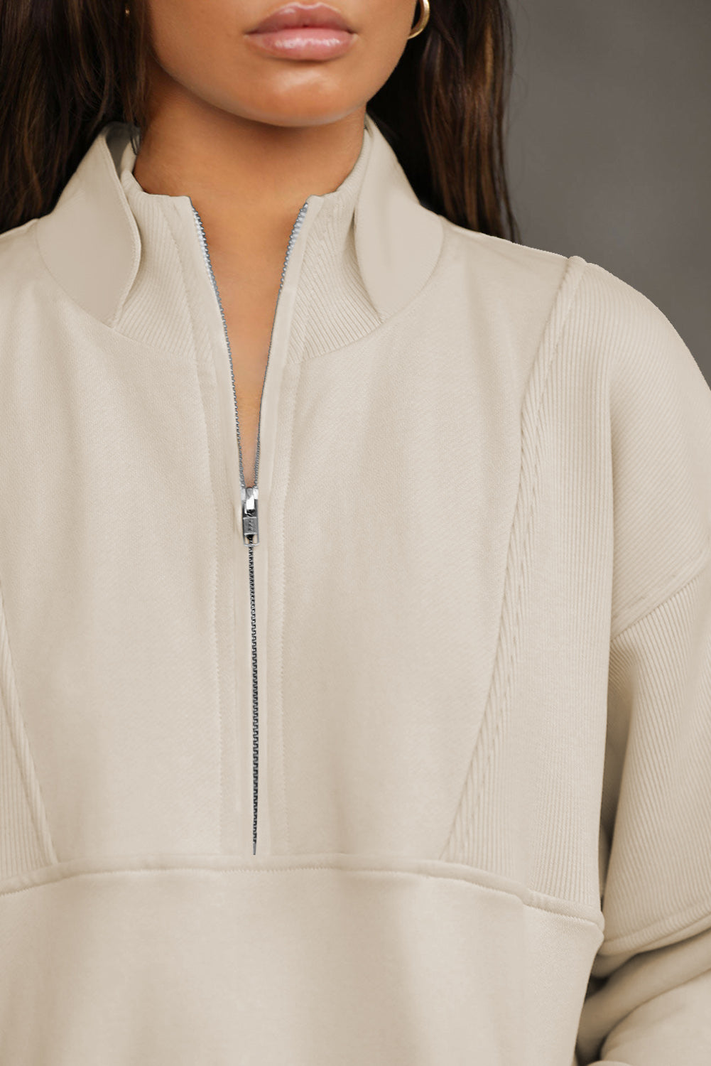 Half Zip Drop Shoulder Long Sleeve Sweatshirt - Charming Charlie