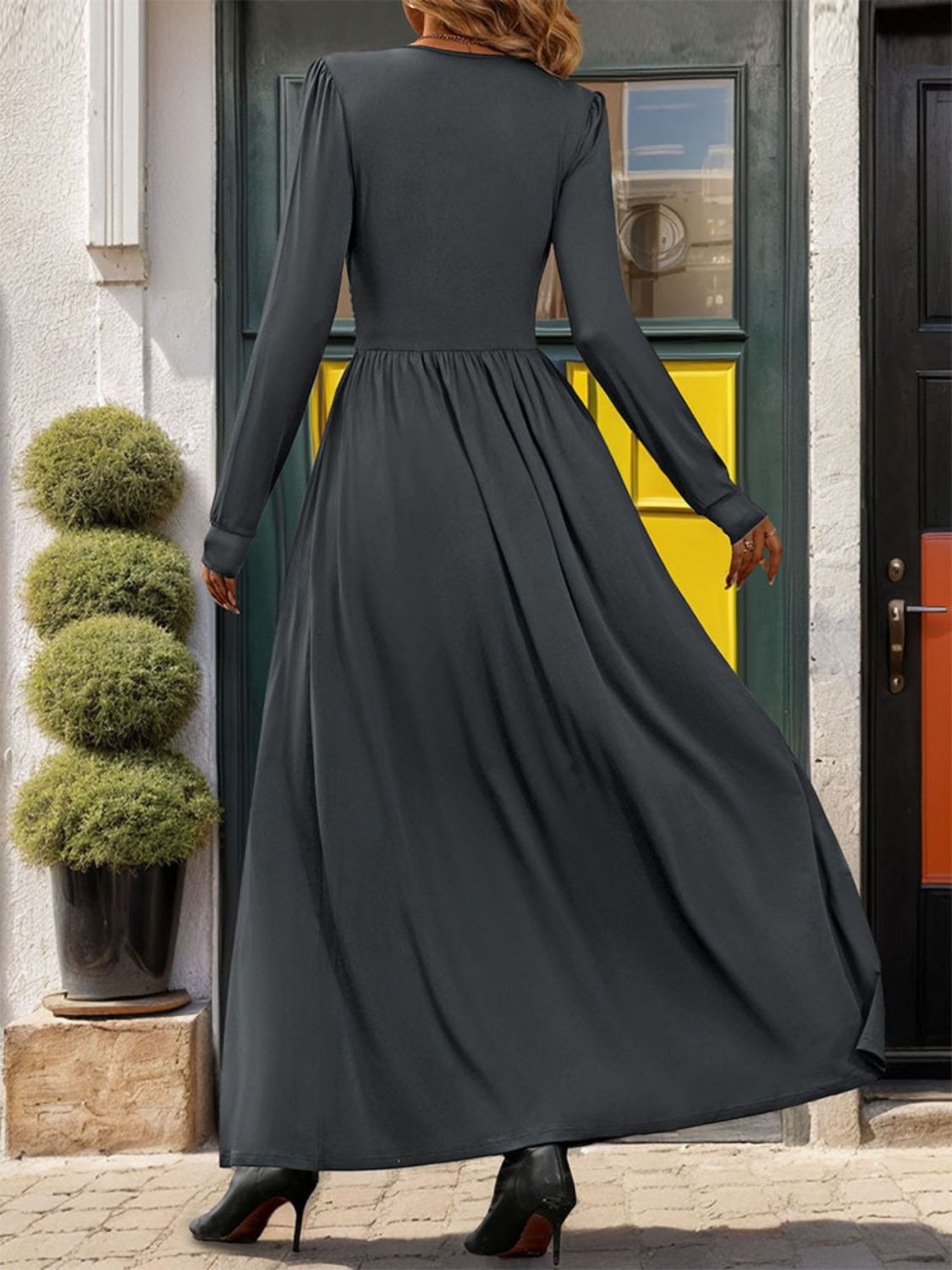 Lace Detail Slit V-Neck Long Sleeve Dress - Charming Charlie