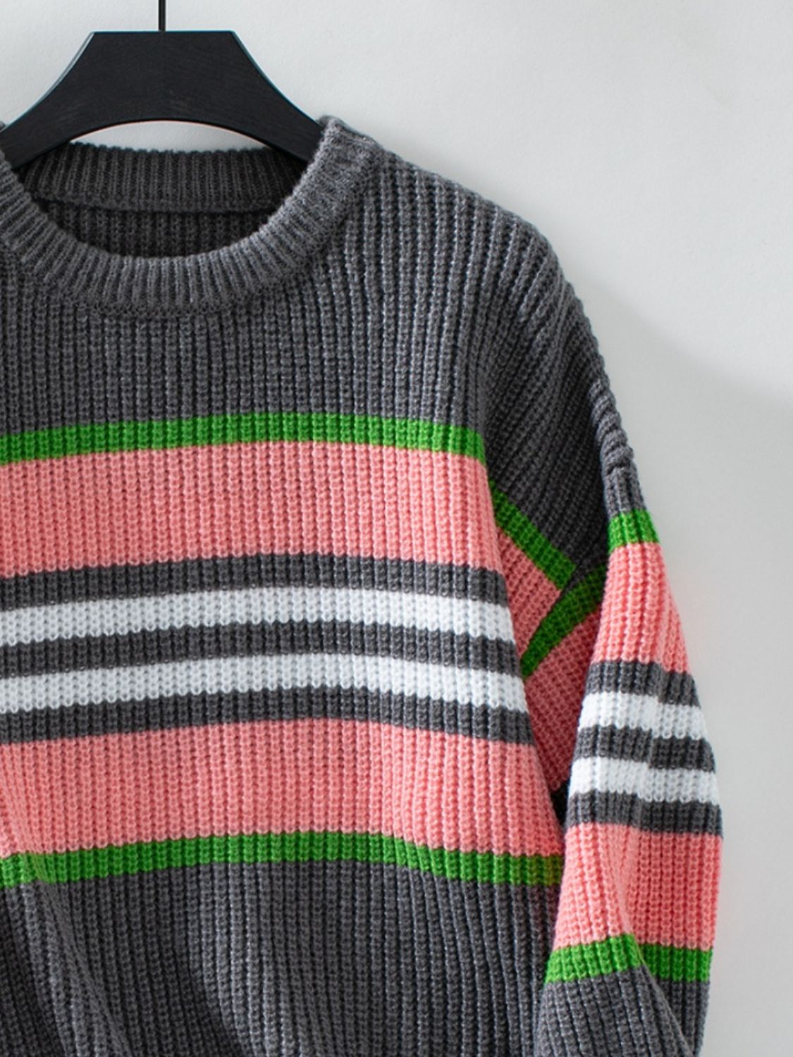 Contrast Stripes Round Neck Long Sleeve Sweater - Charming Charlie