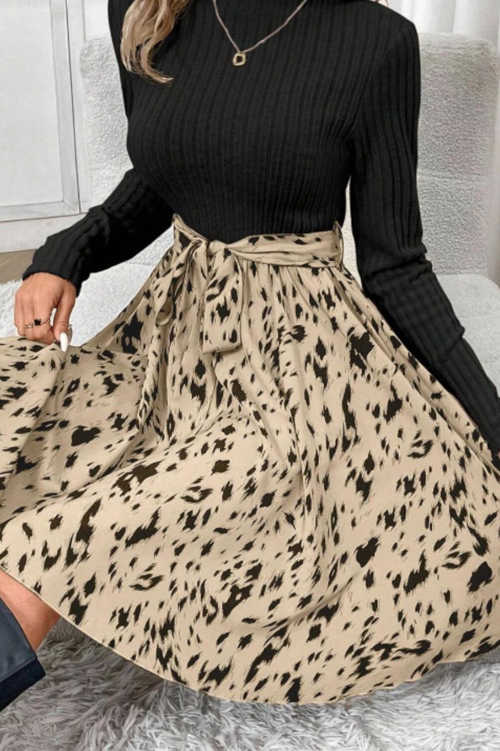 Printed Tie Waist Mock Neck Long Sleeve Dress - Charming Charlie