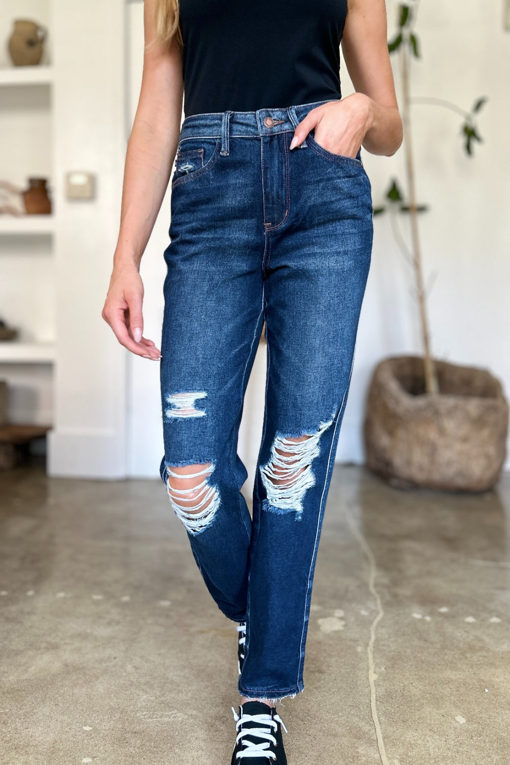 Judy Blue Full Size High Waist Rigid Magic Heavy Destroy Straight Jeans - Charming Charlie
