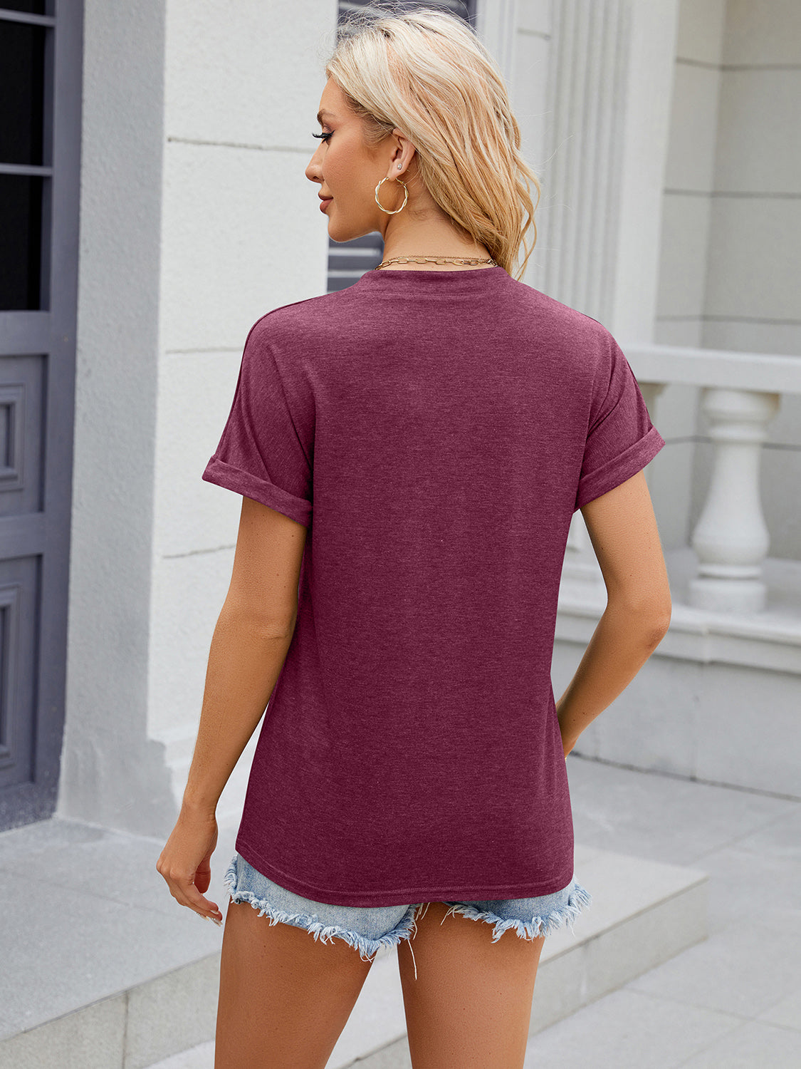 Decorative Button Notched Short Sleeve T-Shirt - Charming Charlie