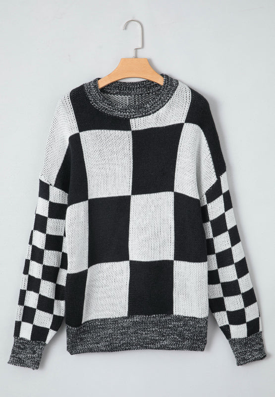 Checkered Round Neck Drop Shoulder Sweater - Charming Charlie