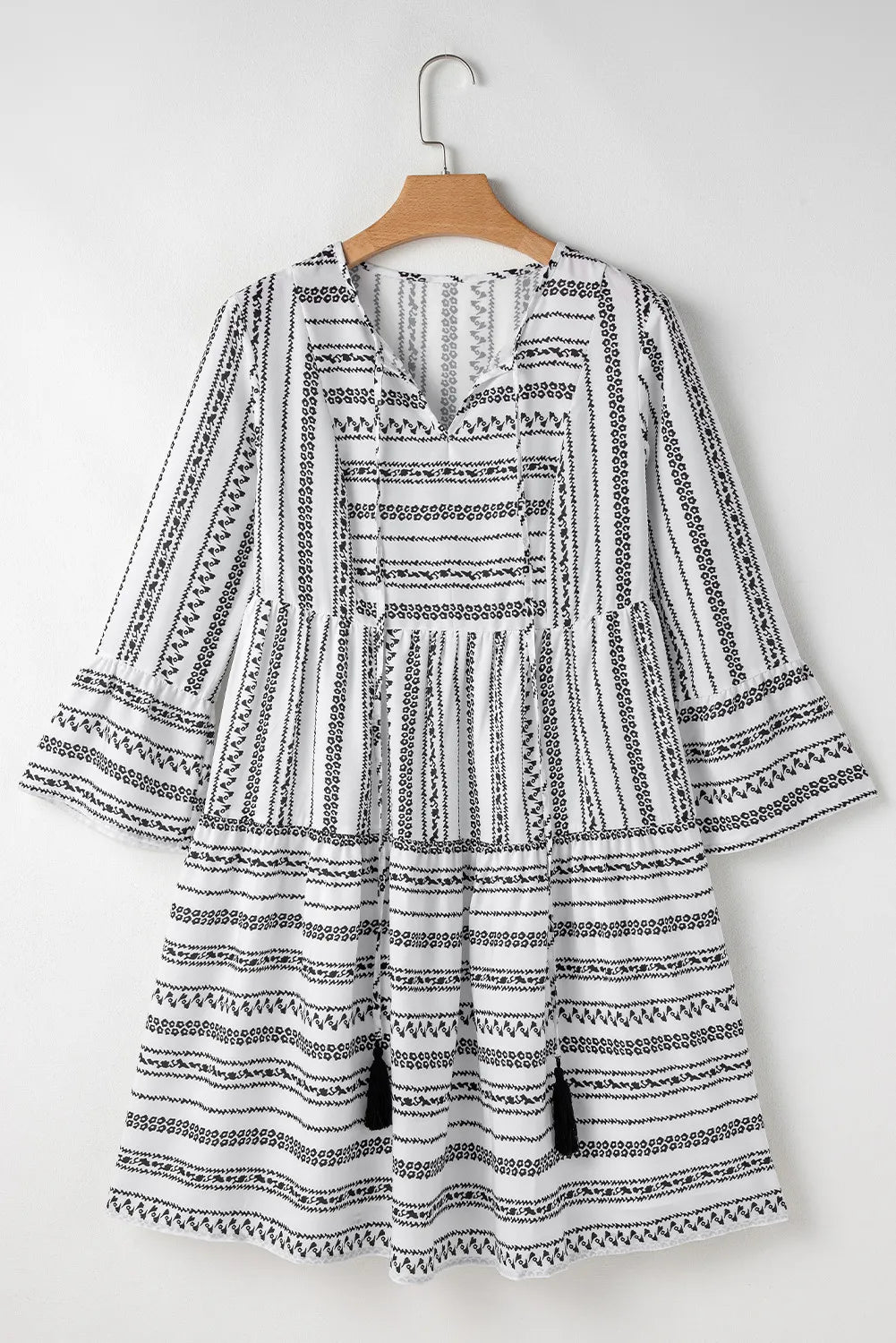 Printed Tie Neck Three-Quarter Sleeve Mini Dress - Charming Charlie