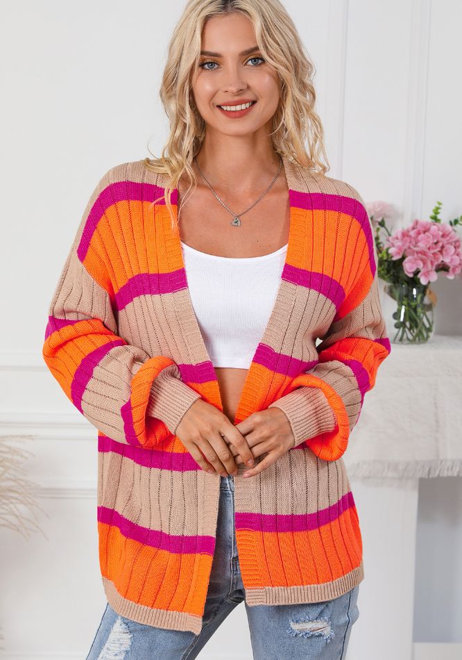 Contrast Striped Drop Shoulder Open Front Cardigan - Charming Charlie