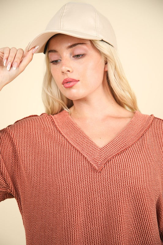 VERY J Two Tone Ribbed V-Neck Exposed Seam Top - Charming Charlie
