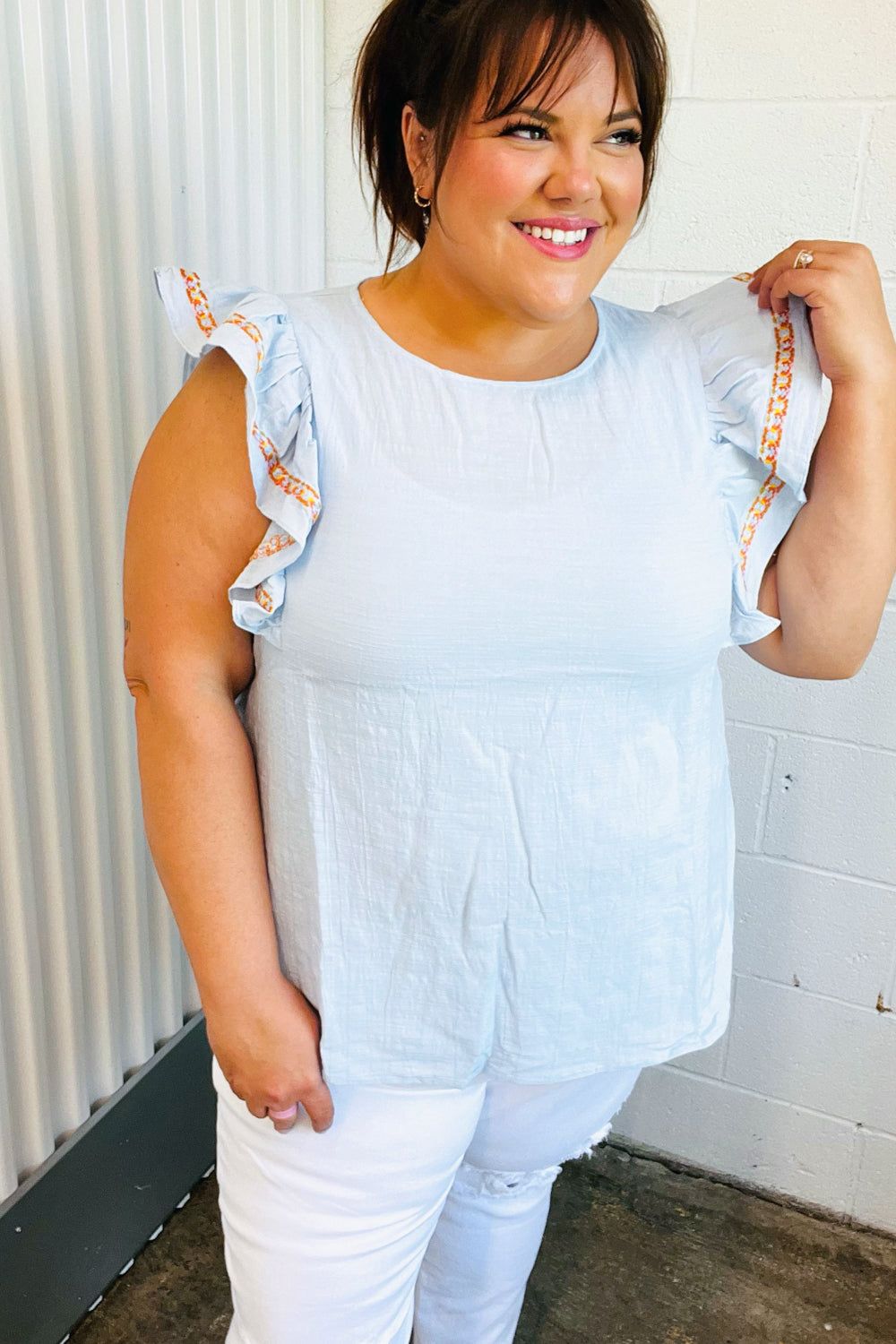 Chambray Embroidered Flutter Sleeve Top - Charming Charlie