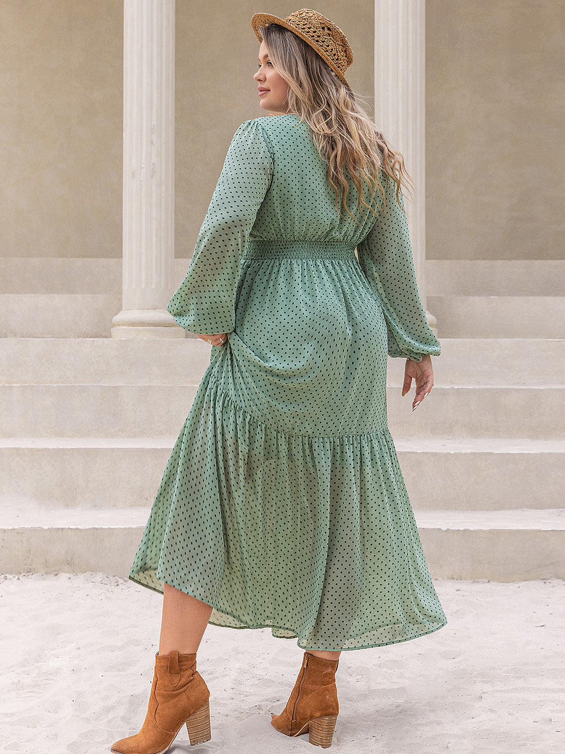 Plus Size Tassel Printed Tie Neck Long Sleeve Midi Dress - Charming Charlie