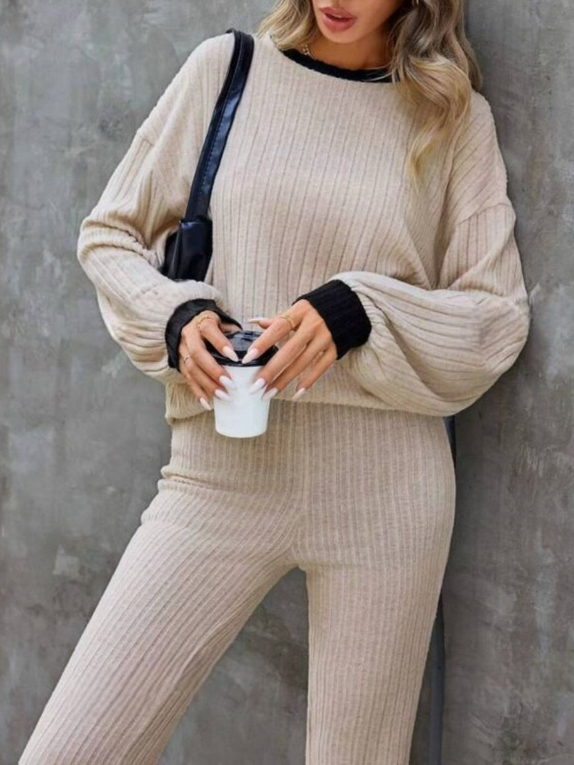 Contrast Round Neck Long Sleeve Top and Bootcut Pants Set - Charming Charlie