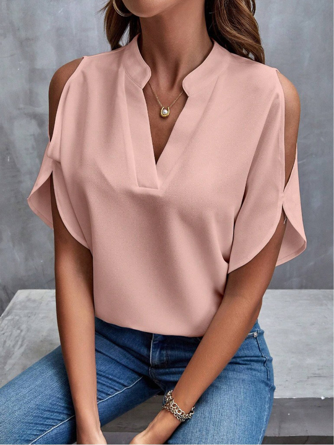 Notched Cold Shoulder Half Sleeve Blouse - Charming Charlie
