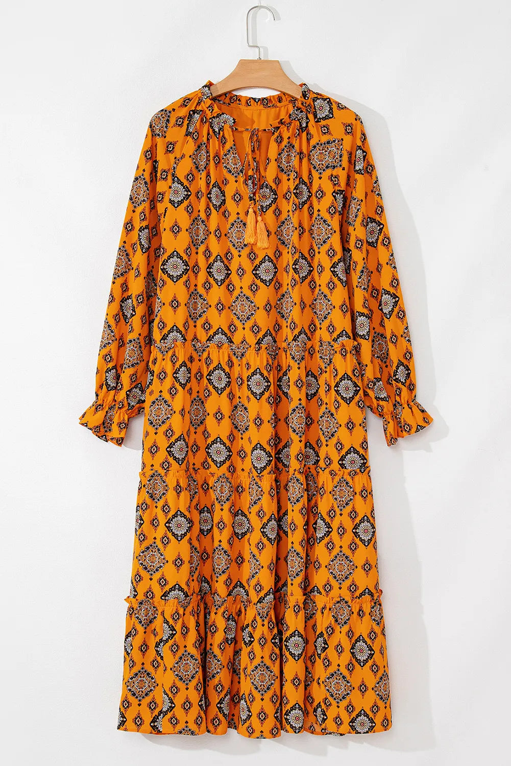 Frill Printed Tie Neck Long Sleeve Dress - Charming Charlie