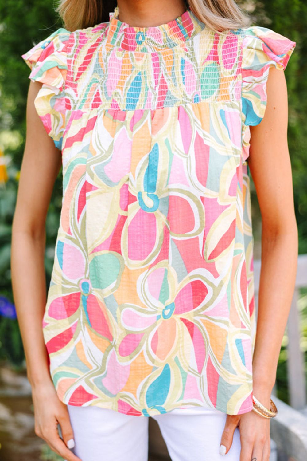 Ruffled Printed Mock Neck Cap Sleeve Blouse - Charming Charlie