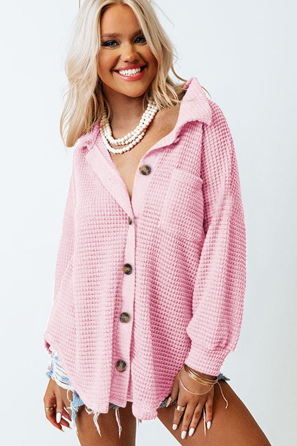 Waffle-Knit Collared Neck Long Sleeve Shirt - Charming Charlie