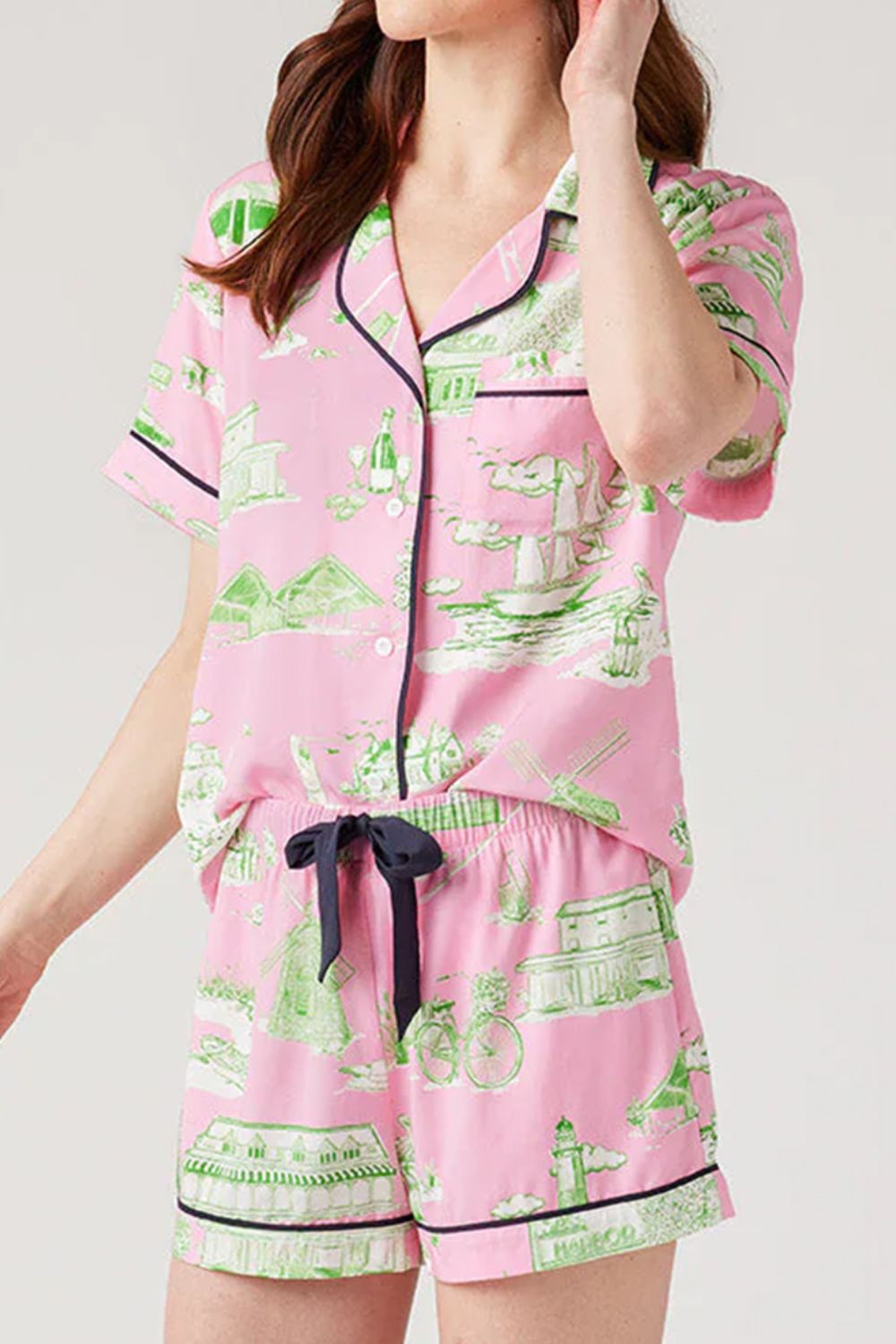 Collared Neck Printed Top and Drawstring Shorts Lounge Set - Charming Charlie