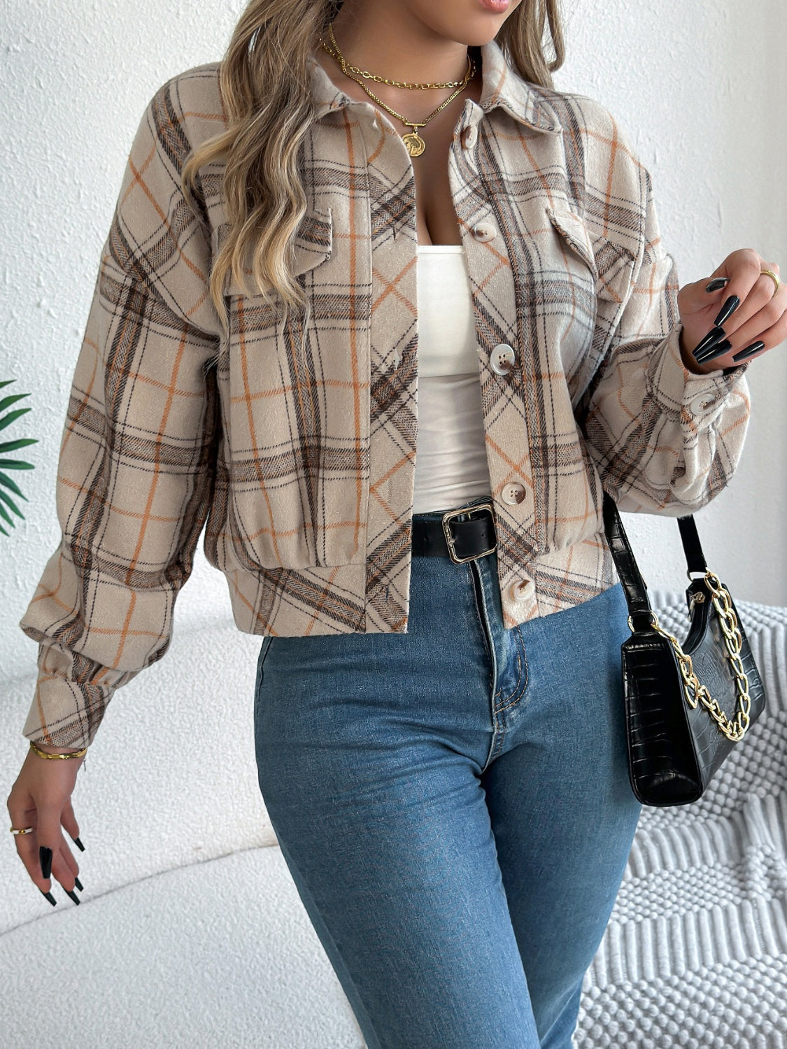 Plaid Button Up Long Sleeve Jacket - Charming Charlie