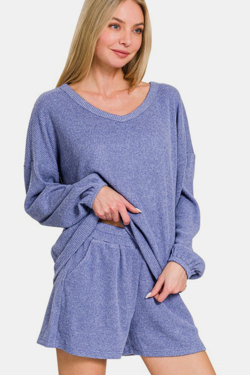 Zenana V-Neck Long Sleeve Ribbed Top and Shorts Set - Charming Charlie