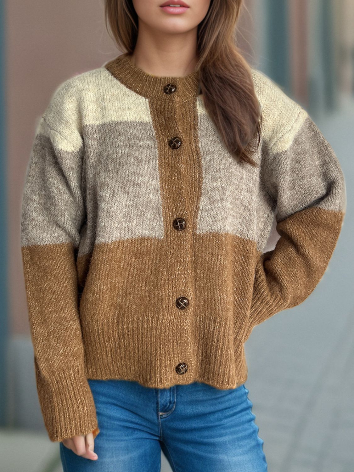Color Block Round Neck Button Up Cardigan - Charming Charlie