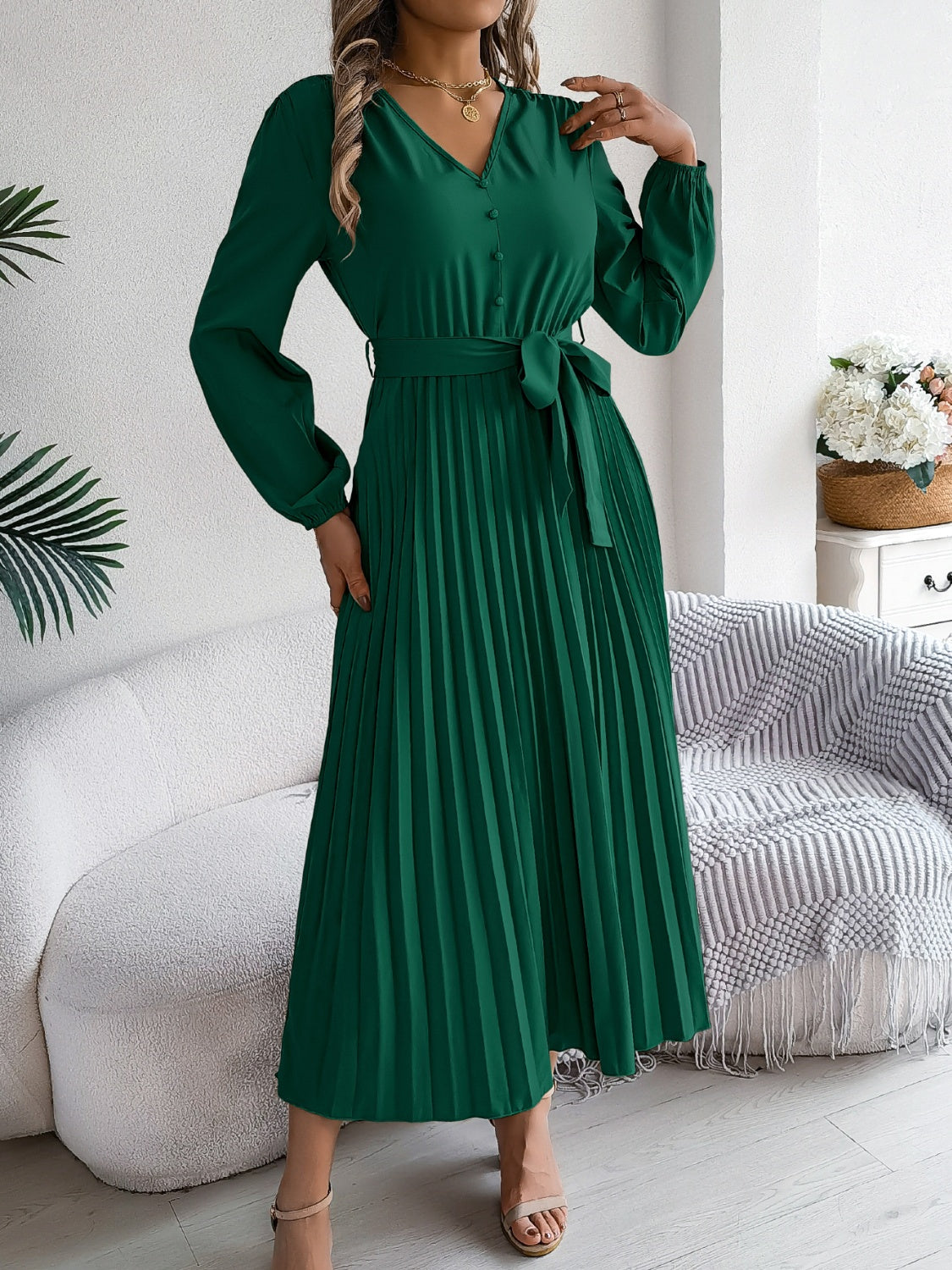Pleated Tied V-Neck Long Sleeve Dress - Charming Charlie