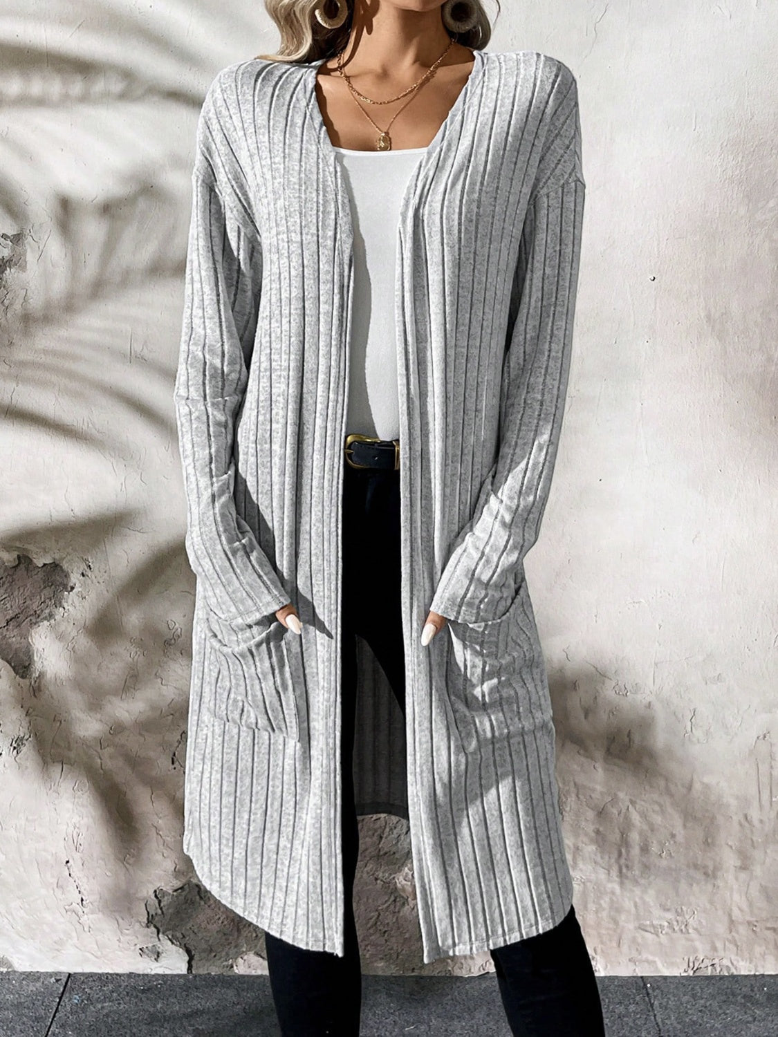 Ribbed Open Front Long Sleeve Cardigan with Pockets - Charming Charlie