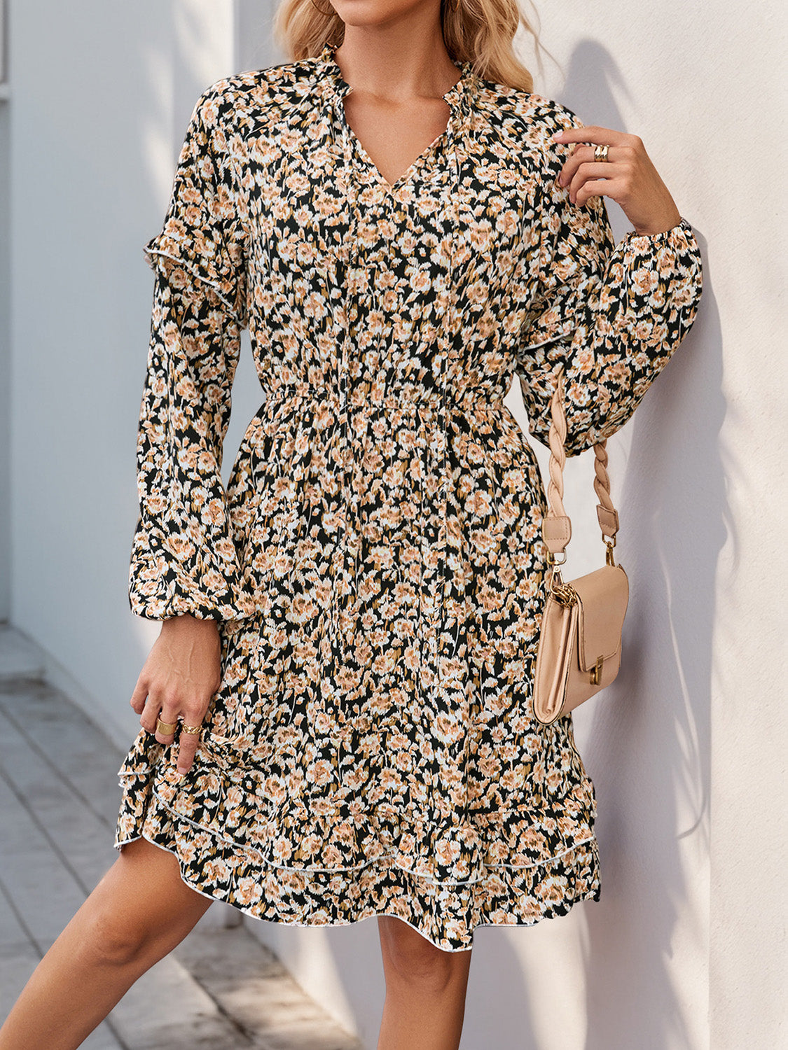 Perfee Printed Tie Neck Long Sleeve Mini Dress - Charming Charlie