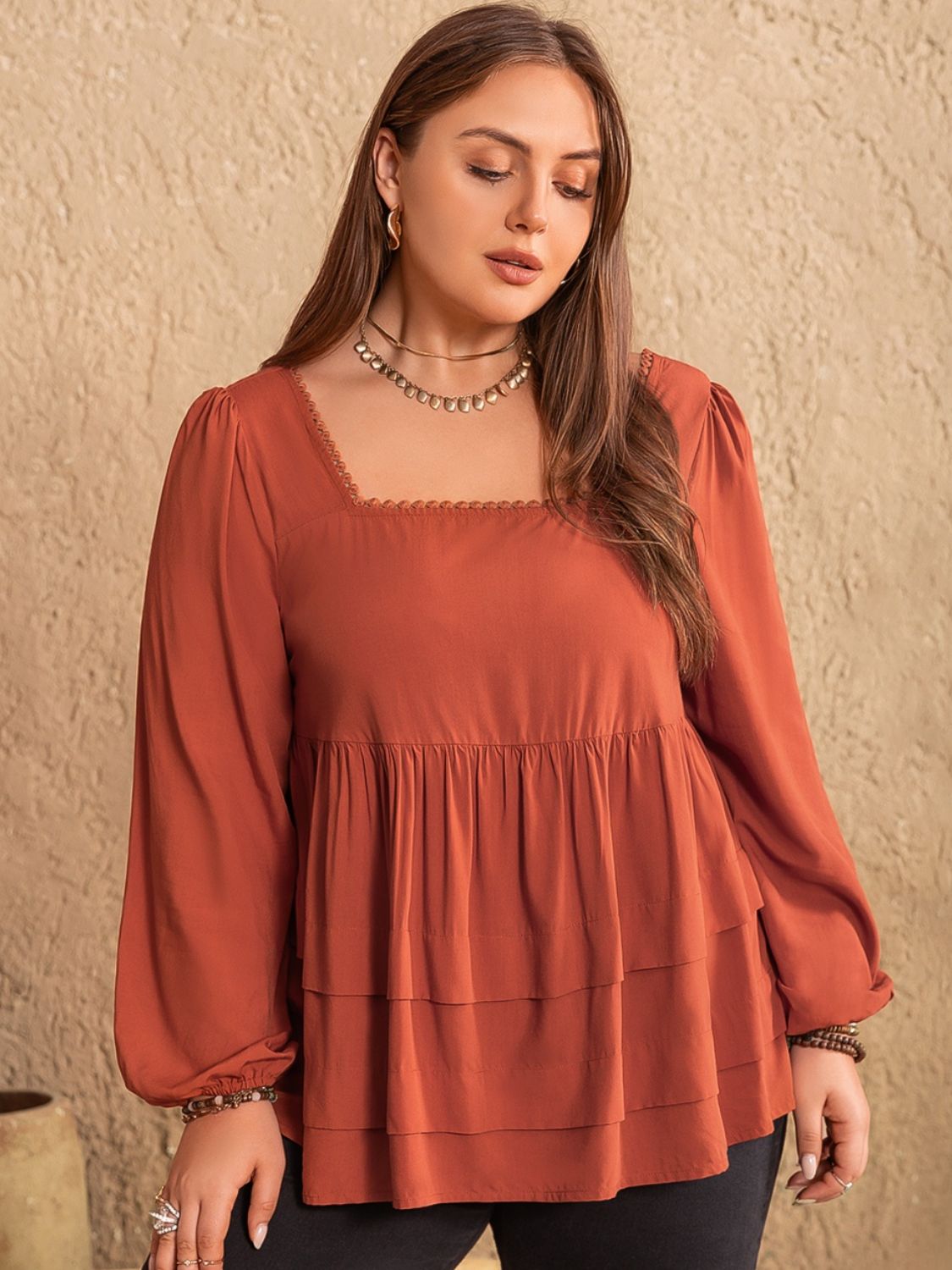 Plus Size Lace Detail Square Neck Long Sleeve Blouse - Charming Charlie