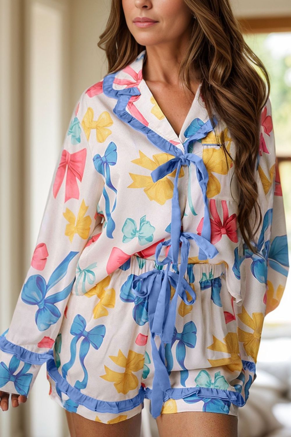 Bow Print Collared Neck Top and Shorts Lounge Set - Charming Charlie