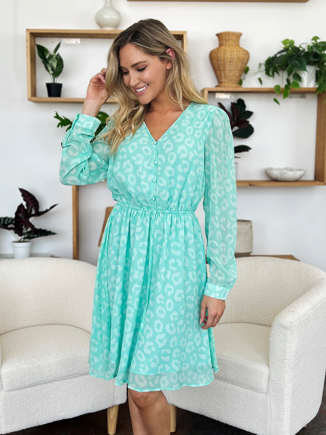 Double Take Full Size Printed Ruched V-Neck Long Sleeve Dress - Charming Charlie