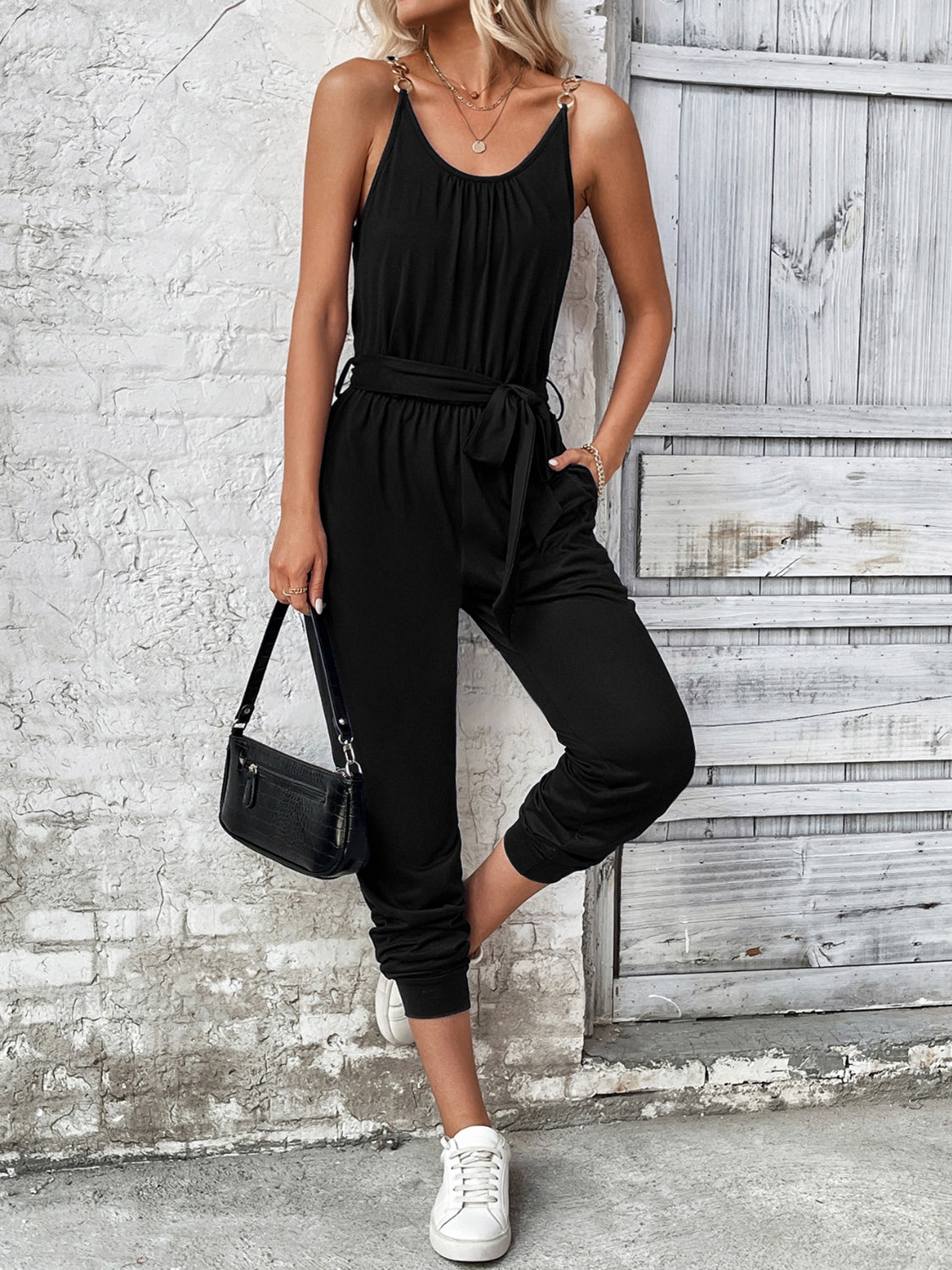Scoop Neck Tie Waist Jumpsuit - Charming Charlie