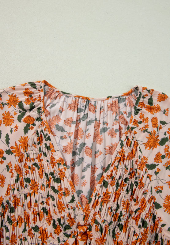 Smocked Printed V-Neck Long Sleeve Dress - Charming Charlie
