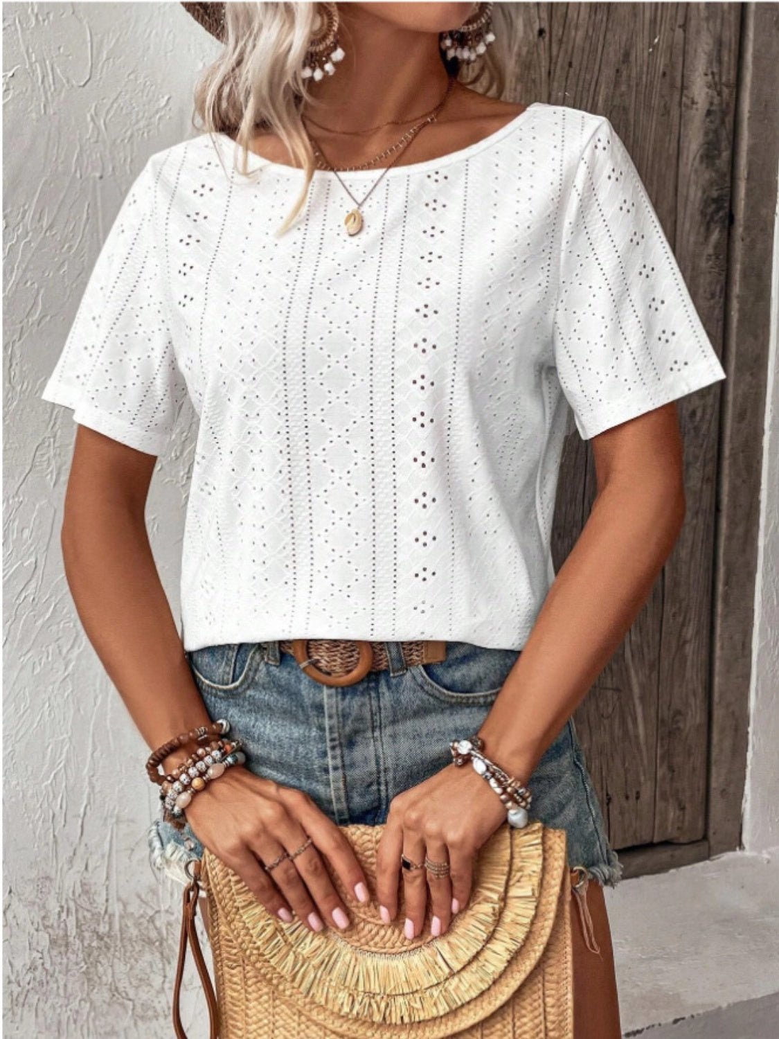 Lace Detail Eyelet Short Sleeve Blouse - Charming Charlie