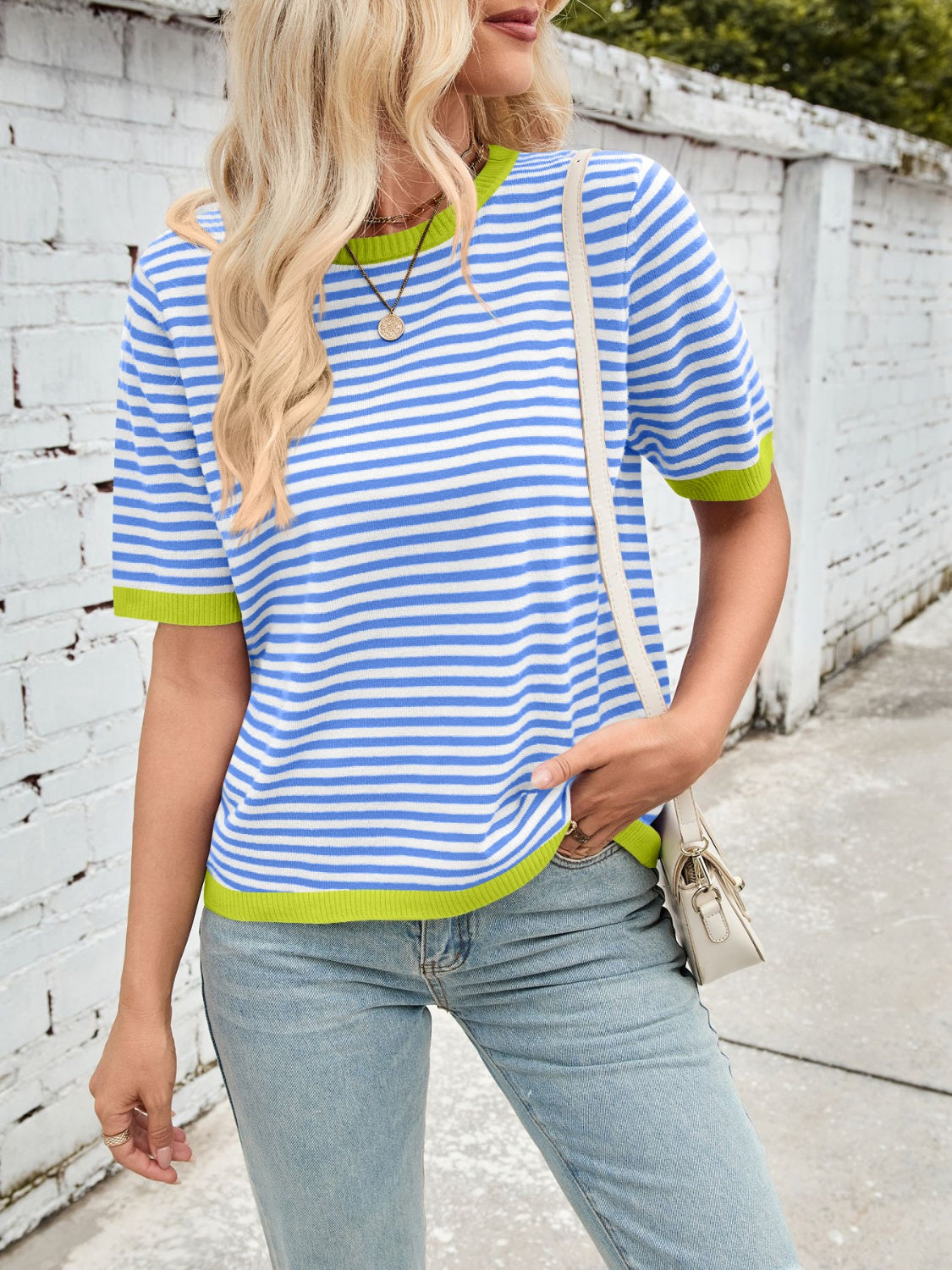 Lovelet Striped Contrast Round Neck Half Sleeve Knit Top - Charming Charlie