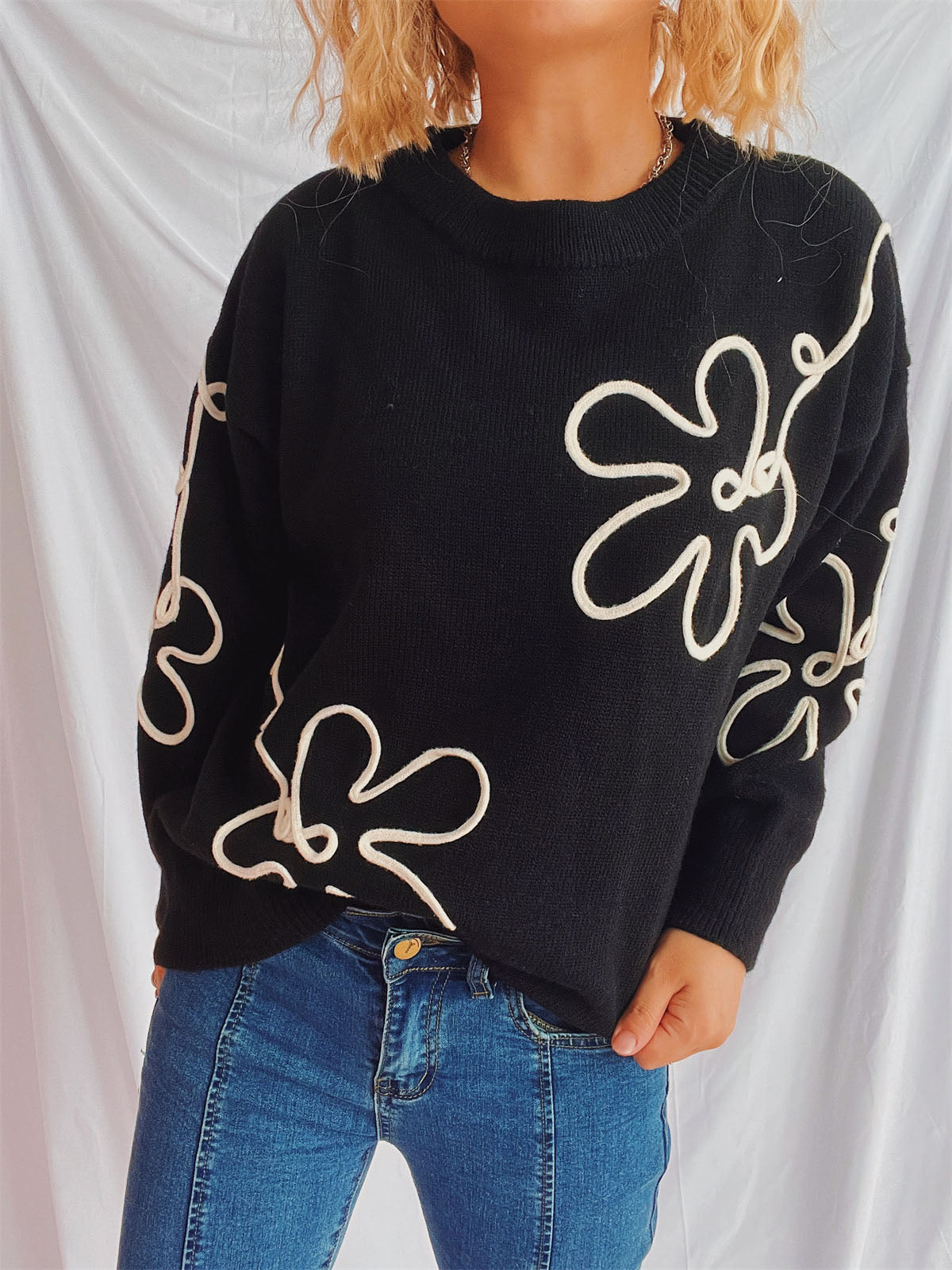 Flower Round Neck Long Sleeve Sweater - Charming Charlie