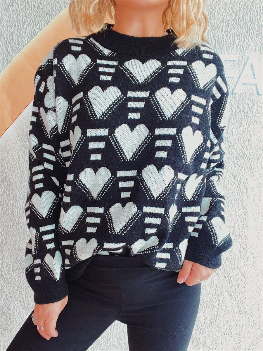Heart Contrast Long Sleeve Dropped Shoulder Sweater - Charming Charlie