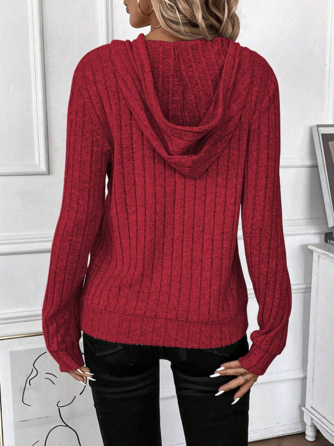 Drawstring Ribbed Long Sleeve Hoodie - Charming Charlie