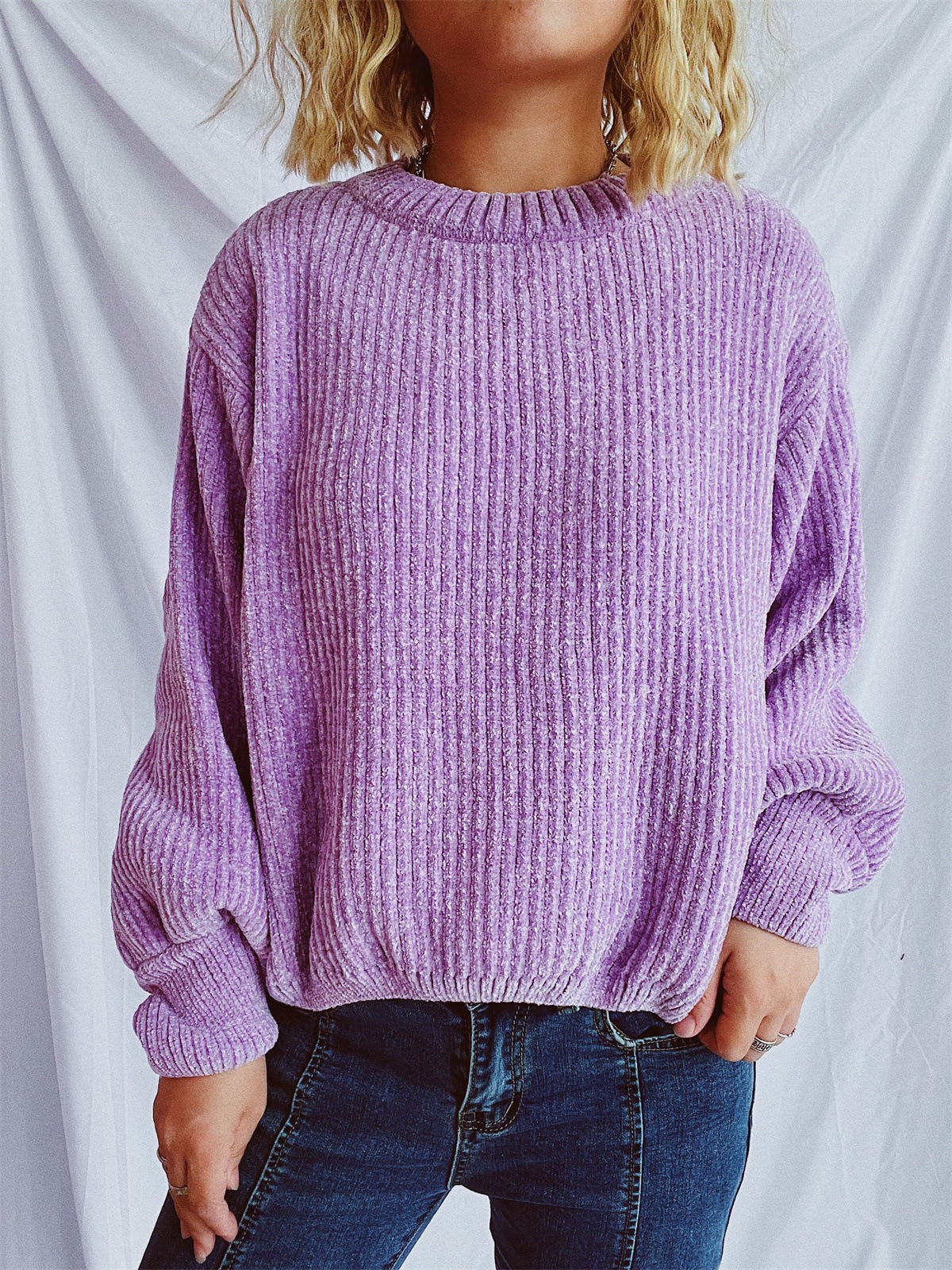 Round Neck Dropped Shoulder Long Sleeve Sweater - Charming Charlie