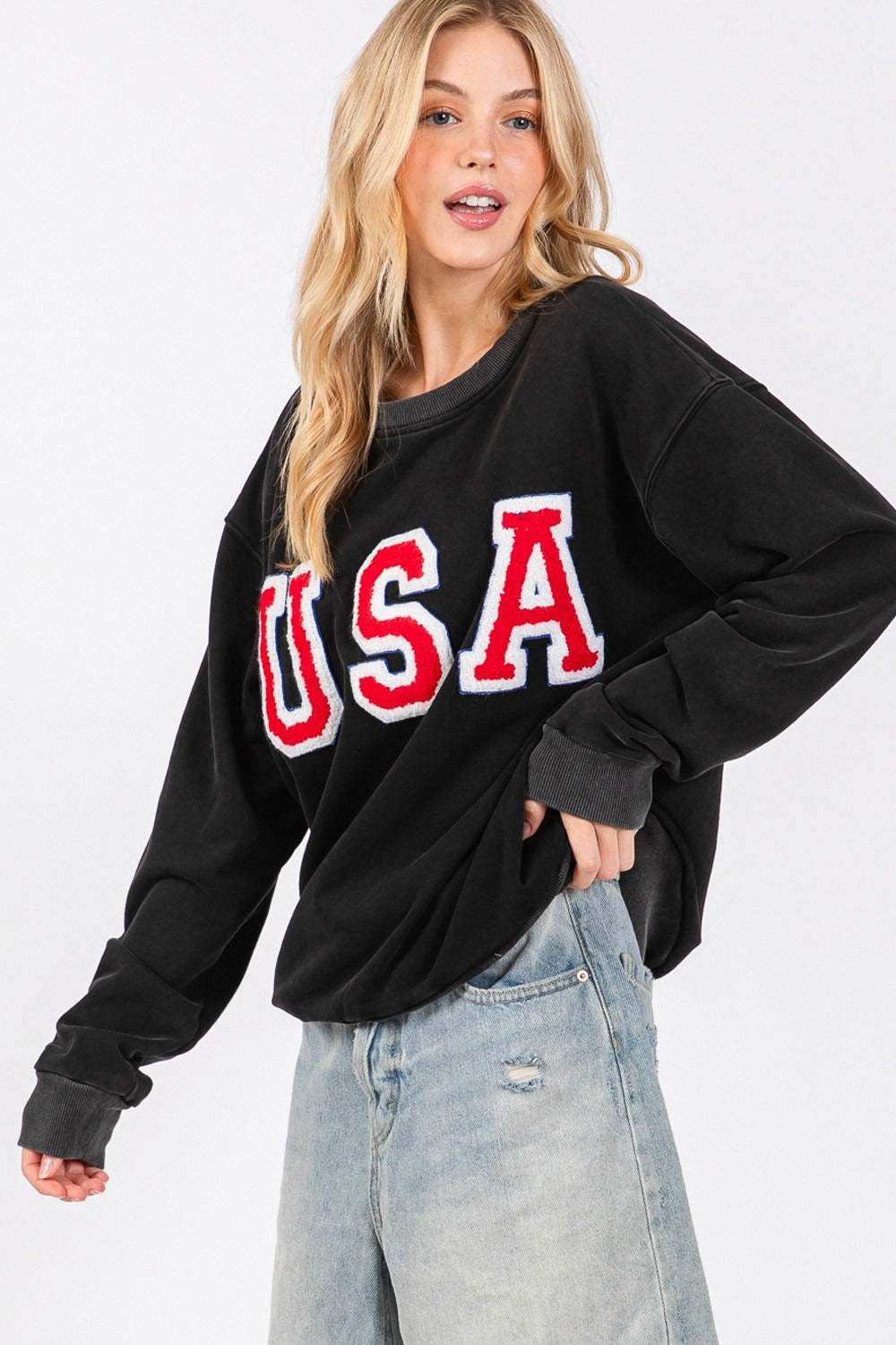 SAGE + FIG USA Letter Patch Round Neck Sweatshirt - Charming Charlie