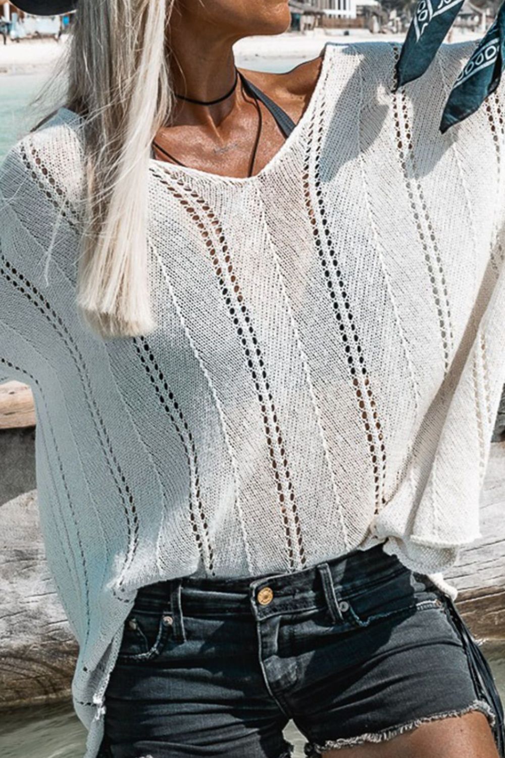 Openwork V-Neck Long Sleeve Knit Top - Charming Charlie