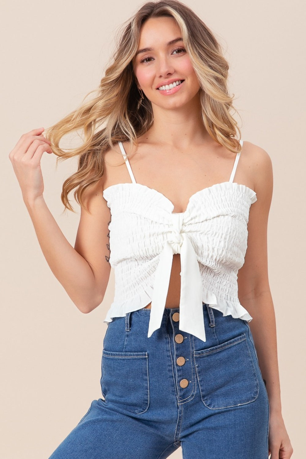 BiBi Ruffled Smocked Ribbon Detail Cami - Charming Charlie