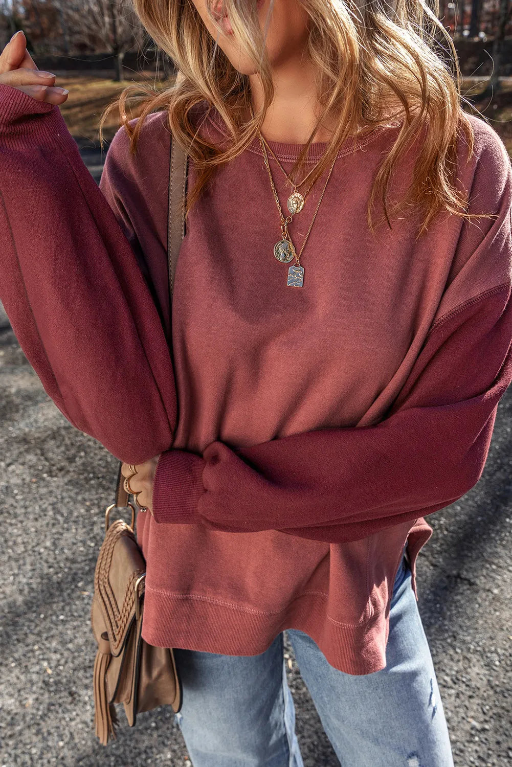 Contrast Round Neck Long Sleeve Sweatshirt - Charming Charlie